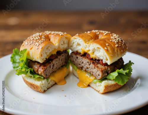 A delicious cheeseburger with bacon and lettuce, cut in half on a sesame seed bun, sits on a white plate against a wooden background