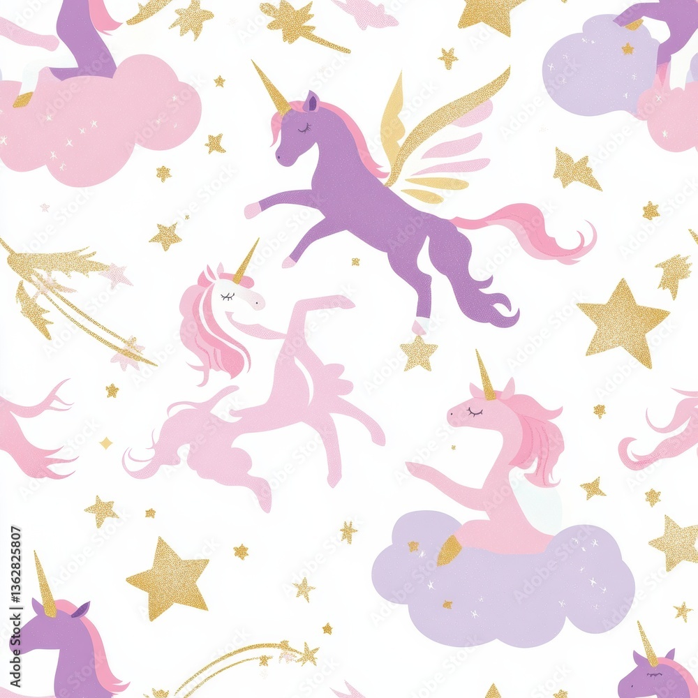 Fototapeta premium Magical seamless pattern of cute unicorns, fairies, shooting stars, and fluffy clouds in pastel colors and gold sparkles Generative AI
