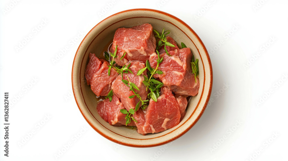 Fresh marjoram and garlic marinade with raw beef in ceramic bowl on white background Fresh marjoram and garlic marinade with raw beef in ceramic bowl on white background