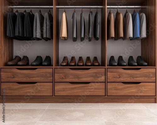 Walnut wood shoe storage with softclose compartments, modern luxury design