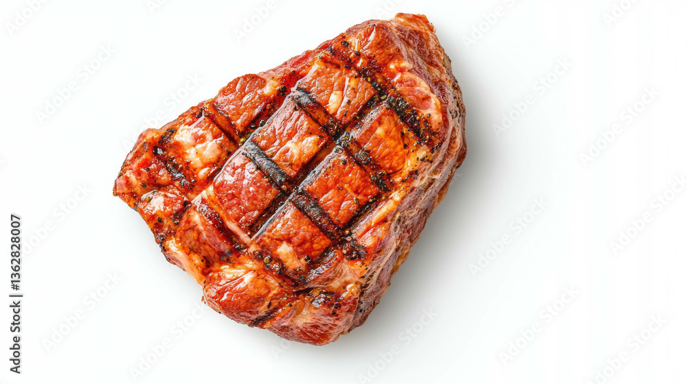 Grilled meat cut with grill marks on white background for culinary and cooking design Grilled meat cut with grill marks on white background for culinary and cooking design
