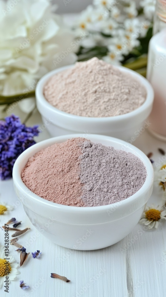 A collection of vibrant natural powders is beautifully arranged in bowls, elegantly framed by fresh flowers in a tranquil setting A collection of vibrant natural powders is beautifully arranged in bowls, elegantly framed by fresh flowers in a tranquil setting