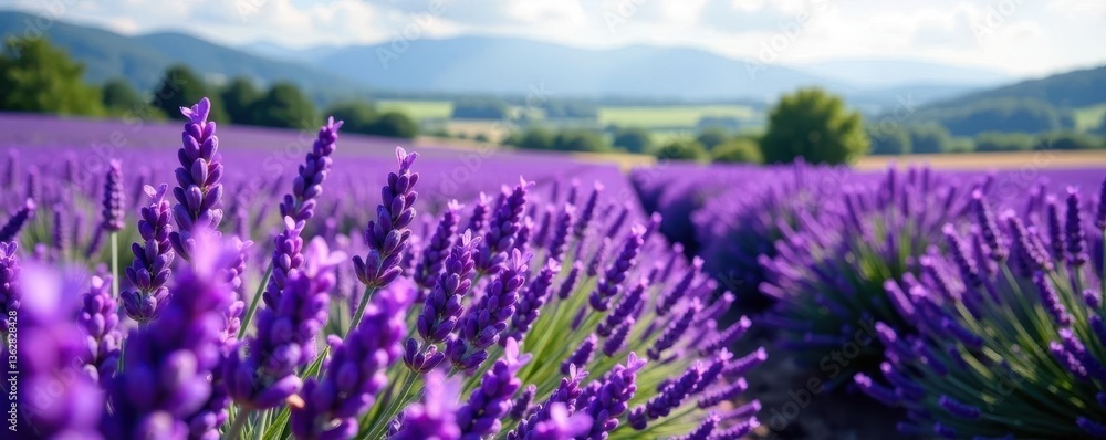 Fototapeta premium Austrian lavender plantation, vibrant purple blooms, lavender, stock photo, image