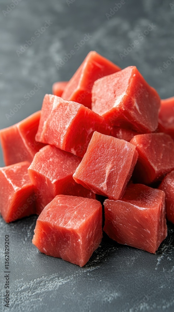 Freshly cut red meat cubes arranged neatly on a dark surface ready for cooking or grilling during a culinary preparation Freshly cut red meat cubes arranged neatly on a dark surface ready for cooking or grilling during a culinary preparation