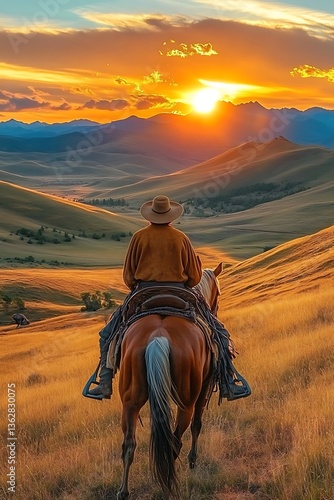 A cowboy rides a horse looking at a beautiful sunset scene
