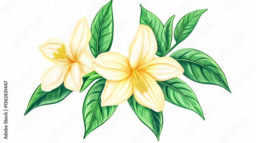 Vanilla flower with pods and green leaves isolated on a white background – botanical illustration, natural spice, and aromatic plant Vanilla flower with pods and green leaves isolated on a white background – botanical illustration, natural spice, and aromatic plant