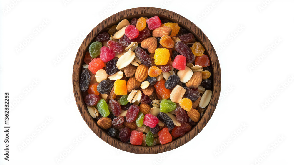 Nutritious oatmeal breakfast with vibrant dried fruit in wooden bowl Nutritious oatmeal breakfast with vibrant dried fruit in wooden bowl