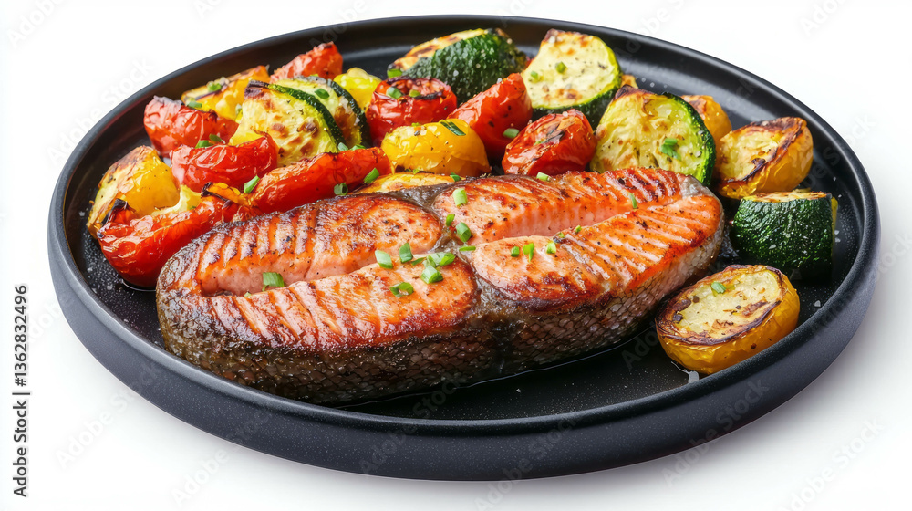 Delicious pan seared salmon steak with roasted vegetables for gourmet dining experience Delicious pan seared salmon steak with roasted vegetables for gourmet dining experience