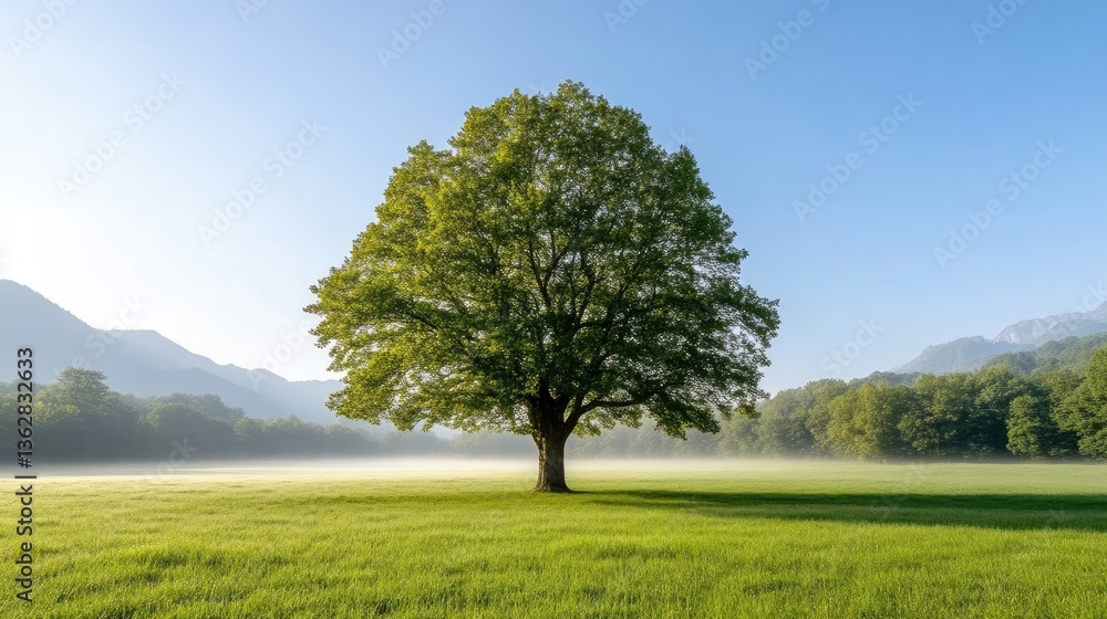 Majestic tree in a tranquil meadow. Lush green foliage against a backdrop of misty mountains Majestic tree in a tranquil meadow. Lush green foliage against a backdrop of misty mountains