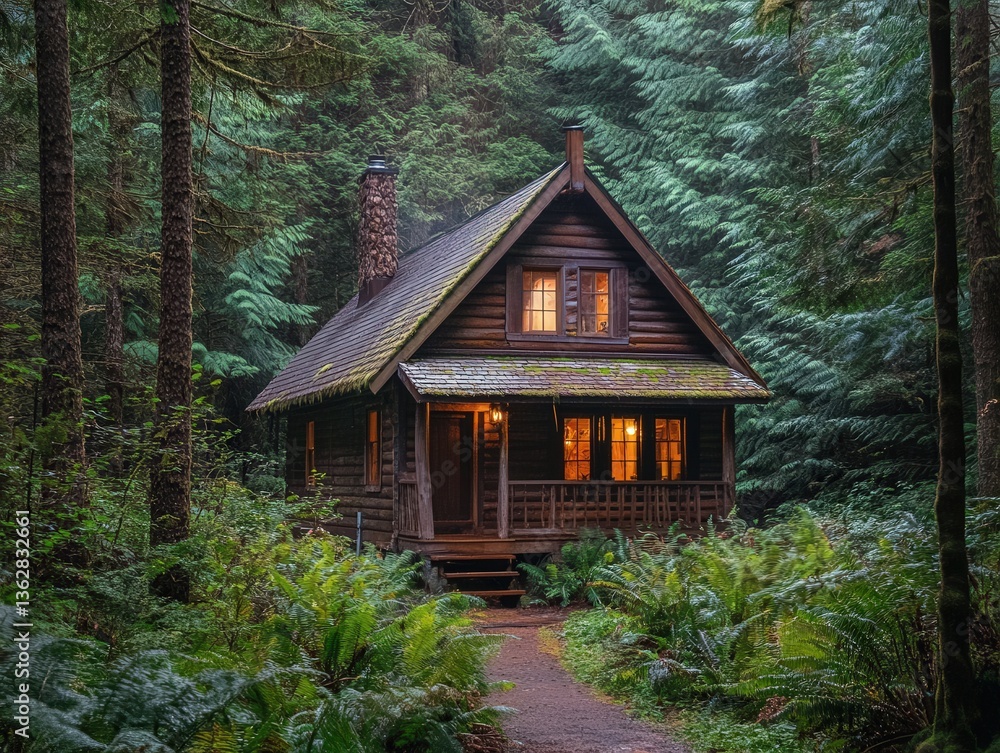 Cozy log cabin nestled in a lush green forest Cozy log cabin nestled in a lush green forest