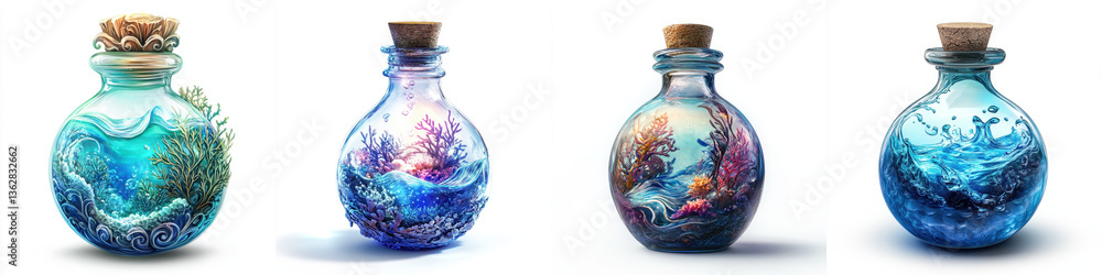 collection of enchanting glass bottles filled with vibrant ocean scenes, showcasing coral, waves, and marine life, evoking sense of wonder collection of enchanting glass bottles filled with vibrant ocean scenes, showcasing coral, waves, and marine life, evoking sense of wonder