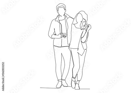 continuous one line drawing of walking couple.