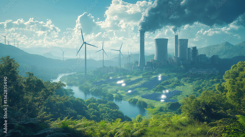 Fototapeta premium Lush green landscape with renewable energy, including wind turbines, solar panels, and nuclear power