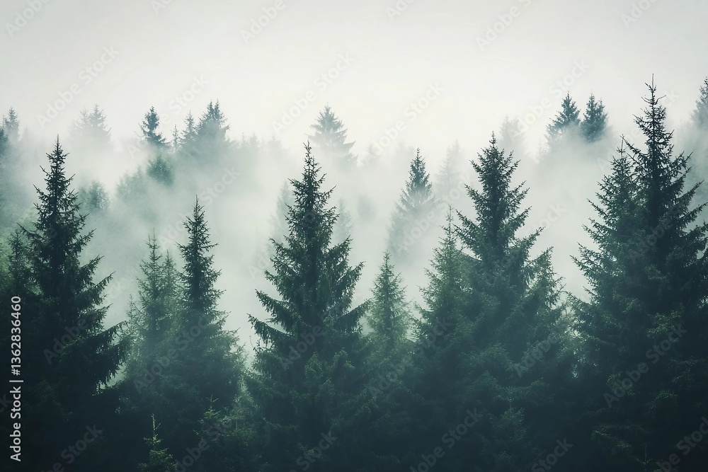 Fototapeta premium Misty mountain landscape with mysterious fir forest
