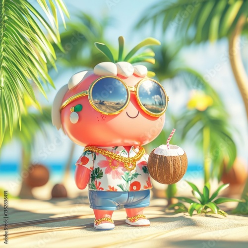 Happy Strawberry on Tropical Vacation with Coconut Drink
