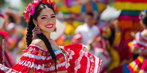 Smiling woman dancing traditional dance, celebrating Cinco de Mayo with a bright traditional embroidered dress and flowers on the hair. Vibrant Mexican holidays concept. Cultural event and performance