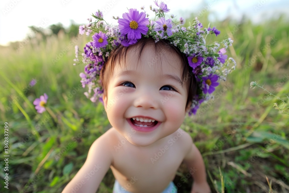 Happy sunny days holidays visual idea art. Sunny daylight. Smiling asian toddler boy with tt hair wearing purple flower crown on his head. Dreamy summer vacation for boys. Happy child in summer. Happy sunny days holidays visual idea art. Sunny daylight. Smiling asian toddler boy with tt hair wearing purple flower crown on his head. Dreamy summer vacation for boys. Happy child in summer.