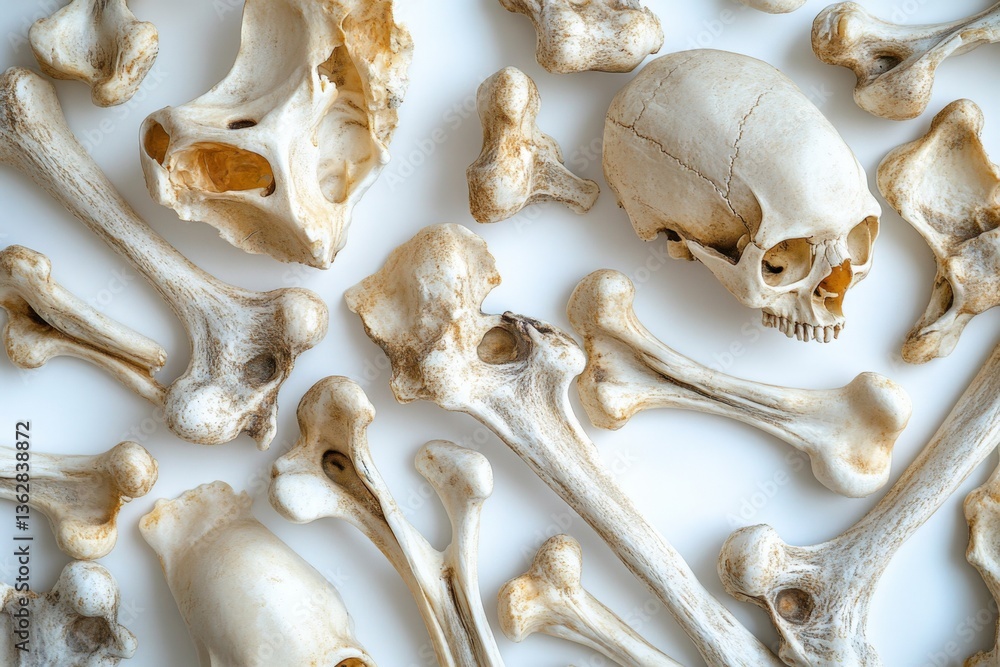 Naklejka premium Collection of animal bones and a skull scattered on a flat surface in a well-lit environment