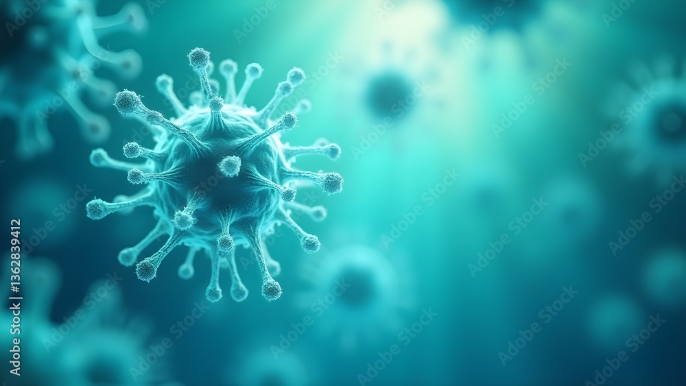 Microscopic View of a Virus Cell - Infectious Disease Organism on a Teal Background Microscopic View of a Virus Cell - Infectious Disease Organism on a Teal Background