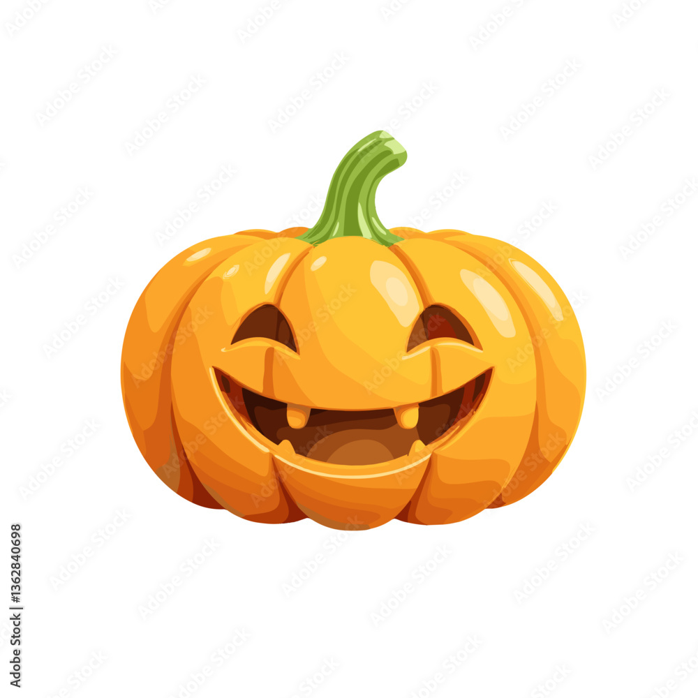Cheerful illustration of a jack-o'-lantern with a smiling face and leaf on a white background Cheerful illustration of a jack-o'-lantern with a smiling face and leaf on a white background
