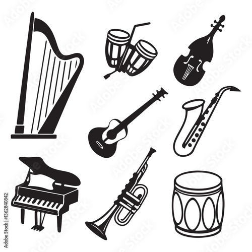 Musical instrument set. Accordion, guitar, harp, ethnic drum, violin, saxophone. Can be used for orchestra, acoustic concert, music, school concept vector