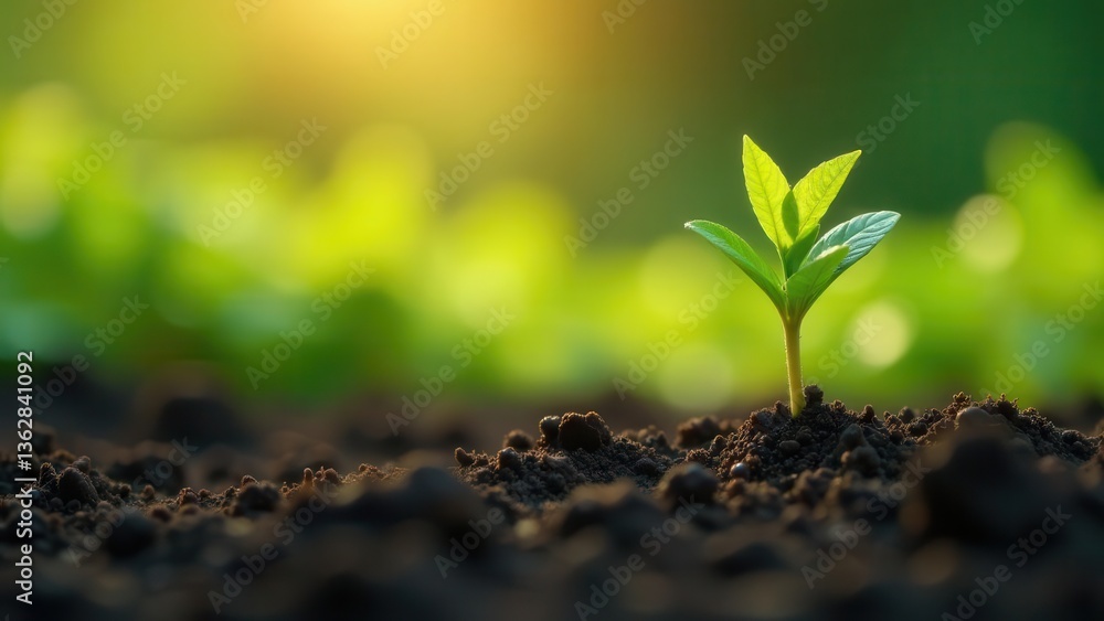 A Tiny Sprout Emerges, Reaching Towards Sunlight in a Lush Green Field of Young Plants A Tiny Sprout Emerges, Reaching Towards Sunlight in a Lush Green Field of Young Plants