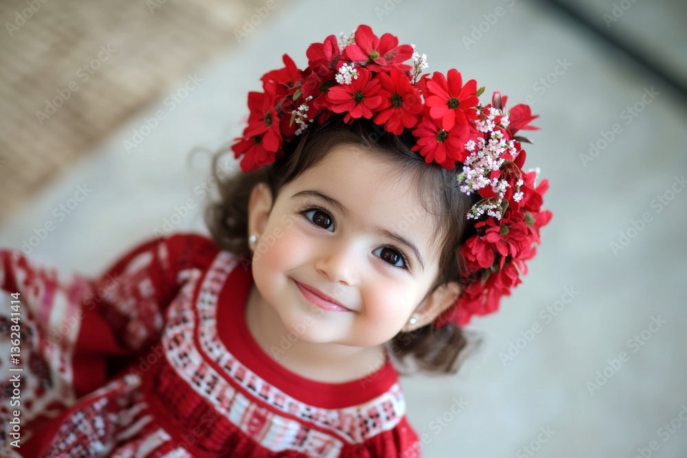 Early sunshine. Happy summertime symbol. Happy middle eastern toddler girl wearing red flower circlet on her head. Child’s bright and happy vacation. Child with floral crown. Early sunshine. Happy summertime symbol. Happy middle eastern toddler girl wearing red flower circlet on her head. Child’s bright and happy vacation. Child with floral crown.