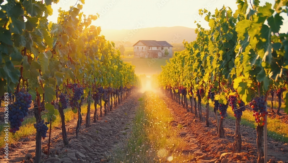 Naklejka premium A Scenic Vineyard at Sunset featuring Lush Grape Vines and Beautiful Nature All Around