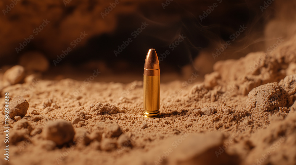 Fototapeta premium Small-arms cartridge lies on dusty terrain, brass reflecting ambient light.