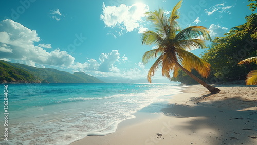 A tall coconut tree leans slightly over a peaceful tropical beach, its green fronds swaying under the bright blue sky, perfect relaxing place to chill, destress and enjoy sunbathing.