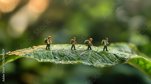 Lilliputian Adventurers: Tiny explorers trekking on oversized leaf in the wild