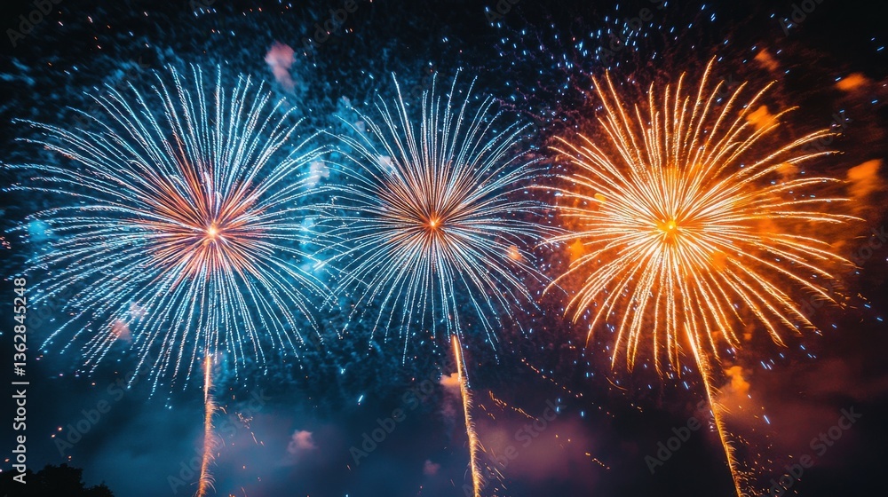 Naklejka premium Vibrant fireworks light up the night sky with dazzling displays of blue, orange, and gold. A spectacular celebratory scene!
