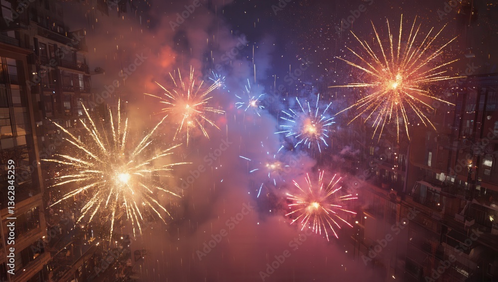 Fototapeta premium A Spectacular and Colorful Fireworks Display Lights Up the City Skyline in Celebration