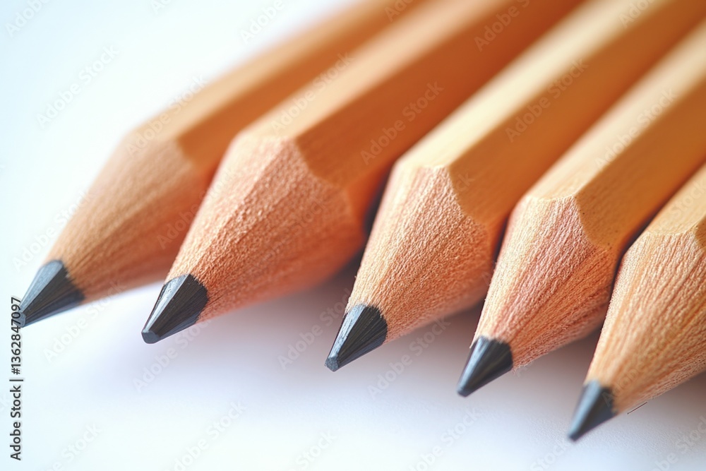 Obraz premium Set of sharpened pencils lined up on a white surface displaying their wooden structure and graphite tips