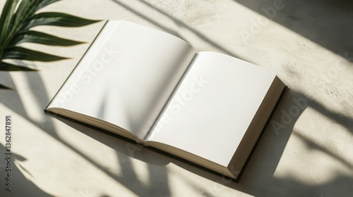 Flat lay hardcover book mockup, open book with blank white pages, lying flat on a light concrete surface