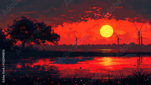 Renewable energy at sunset, with solar panels and wind turbines harnessing nature’s power