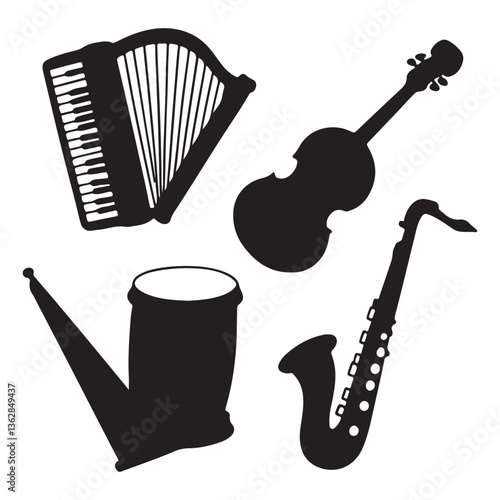 Musical instrument set. Accordion, guitar, harp, ethnic drum, violin, saxophone. Can be used for orchestra, acoustic concert, music, school concept vector