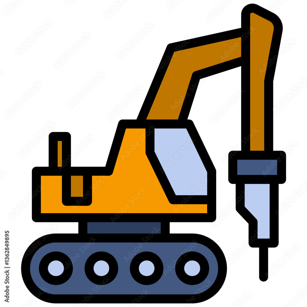 Naklejka premium Hydraulic Breaker Outline Flat Design Icon - Heavy Machinery Outline Flat Design Icon