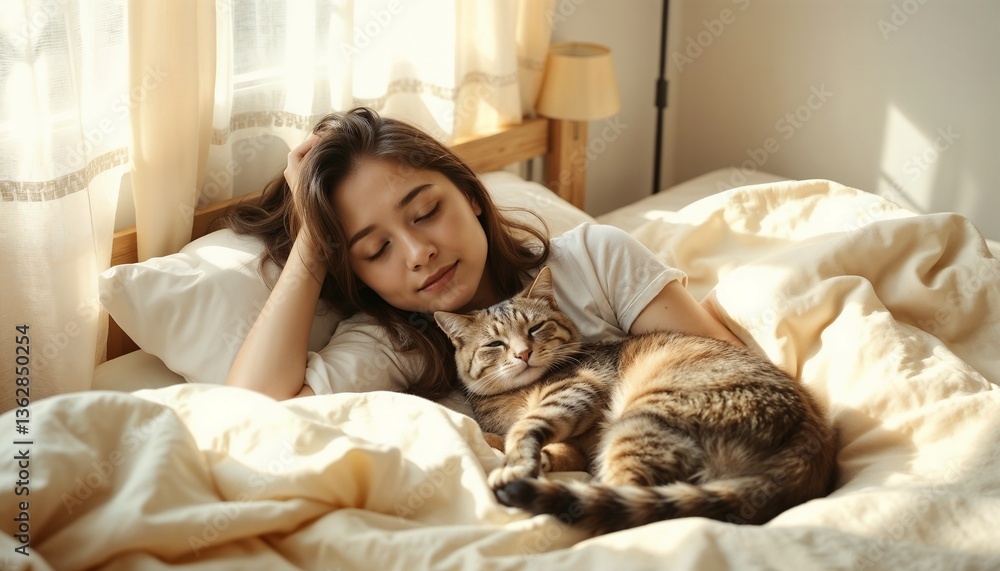 Young woman taking a nap with a cat curled up beside her in a bright bedroom Young woman taking a nap with a cat curled up beside her in a bright bedroom