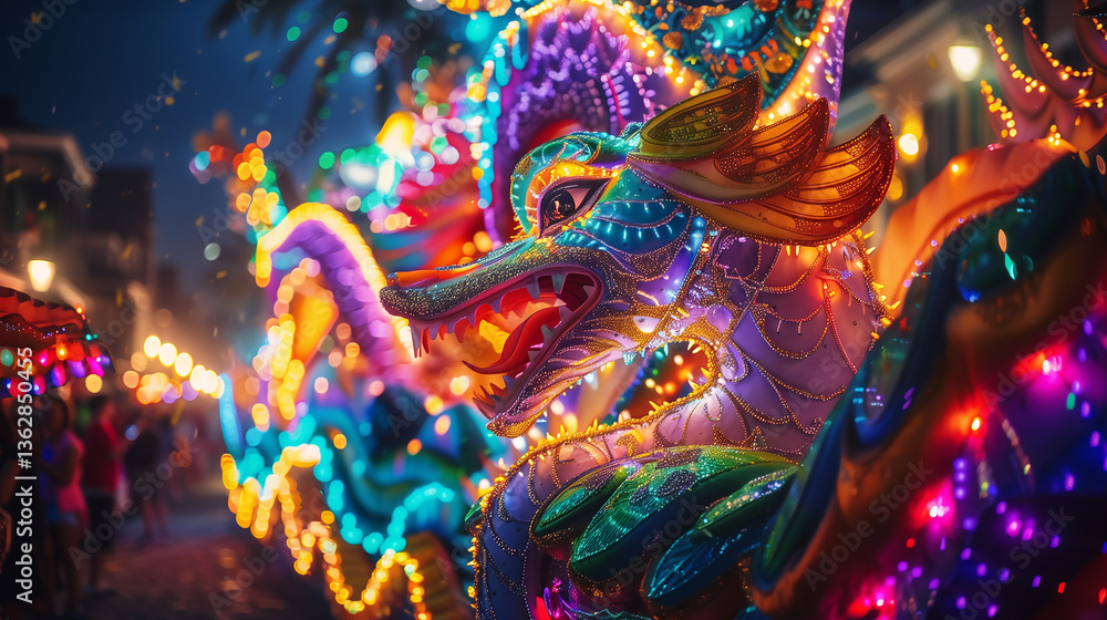 Fototapeta premium Vibrant Mardi Gras Carnival Float in France with Festive Decorations and Crowd