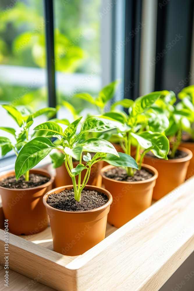 Basil plants thriving in pots on wooden shelf beside sunny window. Bright indoor setting with green foliage. Concept of gardening, sustainability, fresh herbs Basil plants thriving in pots on wooden shelf beside sunny window. Bright indoor setting with green foliage. Concept of gardening, sustainability, fresh herbs