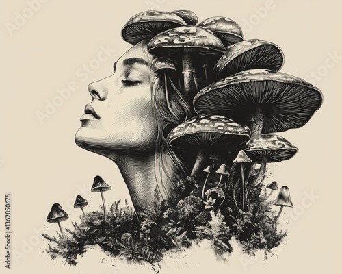 Woman's profile intertwined with mushrooms and foliage in an artistic illustration