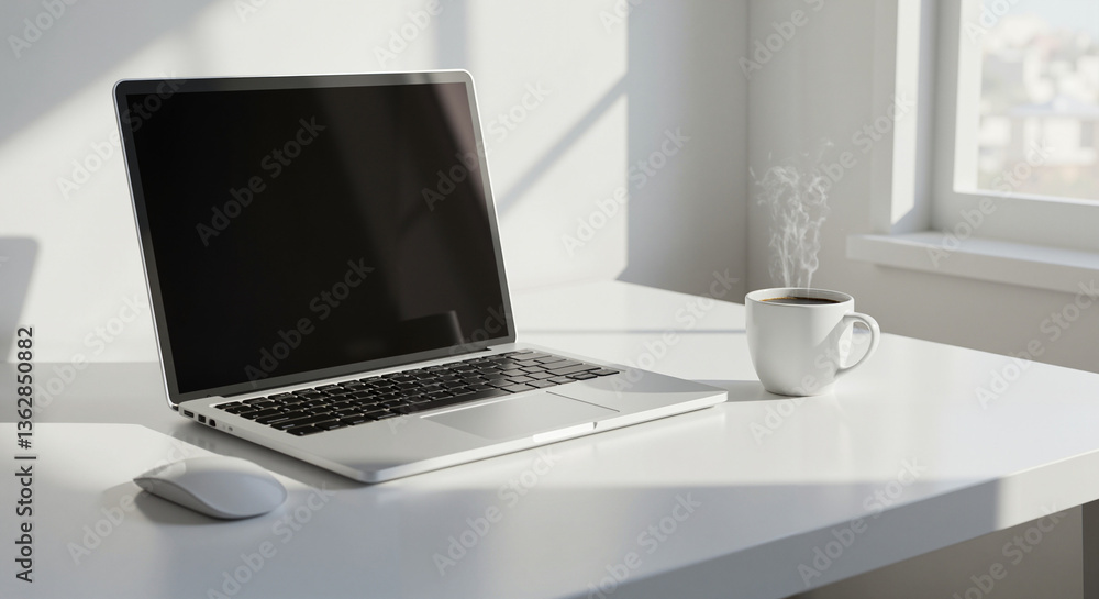 Fototapeta premium Laptop, Coffee, Minimalist Workspace, White Desk