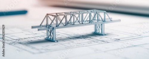A detailed architectural model of a bridge on a blueprint, showcasing design elements and structural features in a professional setting.