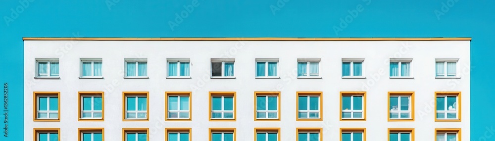 Fototapeta premium A minimalist building with white walls and colorful window frames against a bright blue sky.