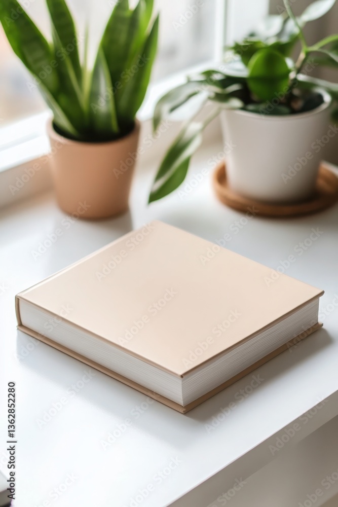 Fototapeta premium Minimalist magazine mockup on a desk, thick square magazine with a matte beige cover, lying on a white desk with a potted plant nearby