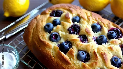 Blueberry Cake with Lemons and Sugar Bowl on Cooling Rack