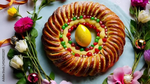 Braided Pastry Wreath with Yellow Egg and Candies Surrounded by Flowers and Ribbons