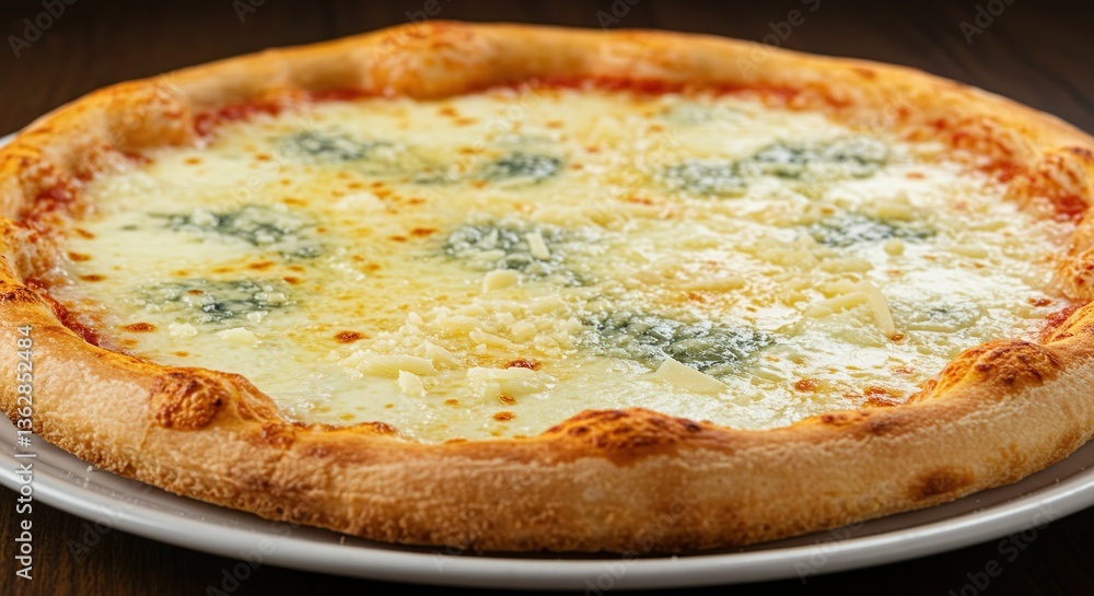 Four Cheese (Quattro Formaggi) Pizza with Melted Mozzarella, Parmesan, Gorgonzola, and Provolone on Wooden Table
Four Cheese (Quattro Formaggi) Pizza with Melted Mozzarella, Parmesan, Gorgonzola, and Provolone on Wooden Table