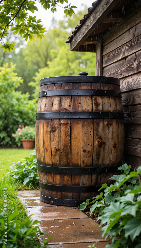 Rainwater barrel in lush garden beside wooden house, eco-friendly setup Rainwater barrel in lush garden beside wooden house, eco-friendly setup
